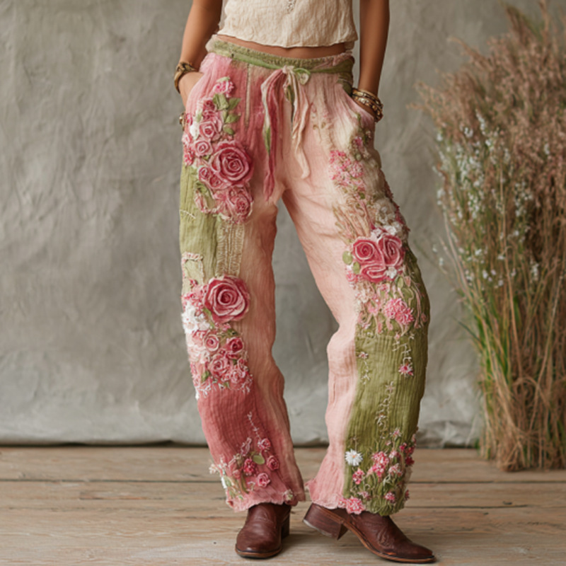 2026 American Halloween Cotton Linen Wide Leg Pants, Summer New Loose Versatile Cuffed Casual Trousers