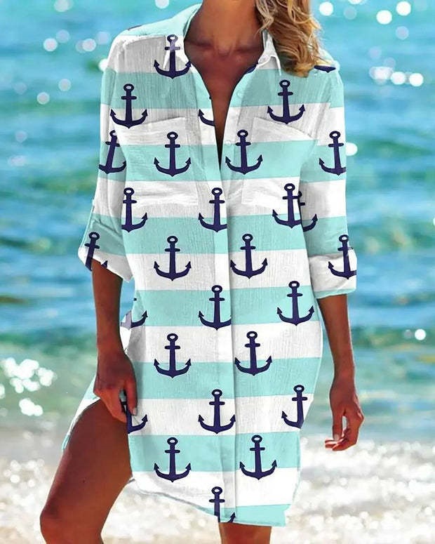 Women's Printed Vacation Beach Shirt, Bikini Cover Up, Swimsuit Cardigan