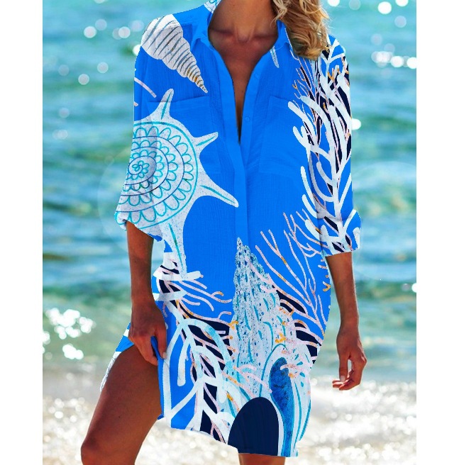 Women's Printed Vacation Beach Shirt, Bikini Cover Up, Swimsuit Cardigan