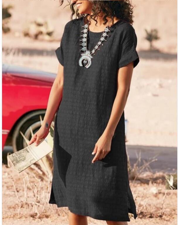 Women's Short Sleeve Casual Dress, Round Neck Side Slit Midi Dress