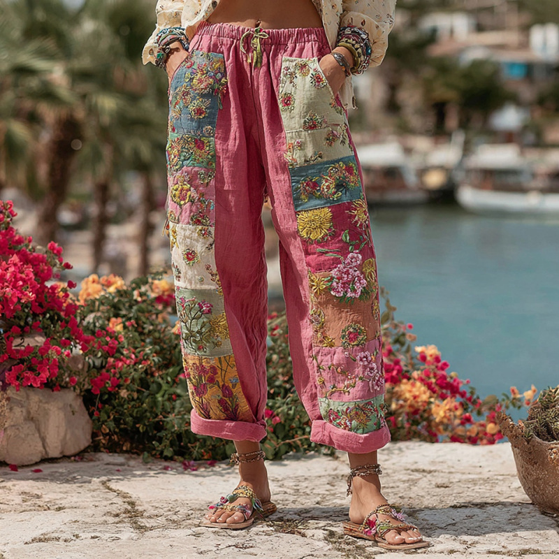 2026 American Halloween Cotton Linen Wide Leg Pants, Summer New Loose Versatile Cuffed Casual Trousers