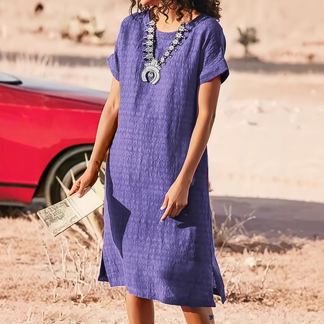 Women's Short Sleeve Casual Dress, Round Neck Side Slit Midi Dress