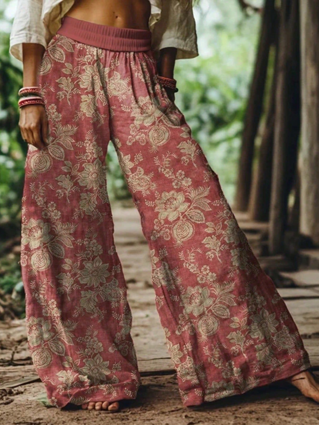 Bohemian Floral Wide Leg Pants, Draped Printed Trousers, Vacation Style Loose Straight Casual Pants