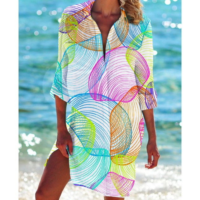Women's Printed Vacation Beach Shirt, Bikini Cover Up, Swimsuit Cardigan