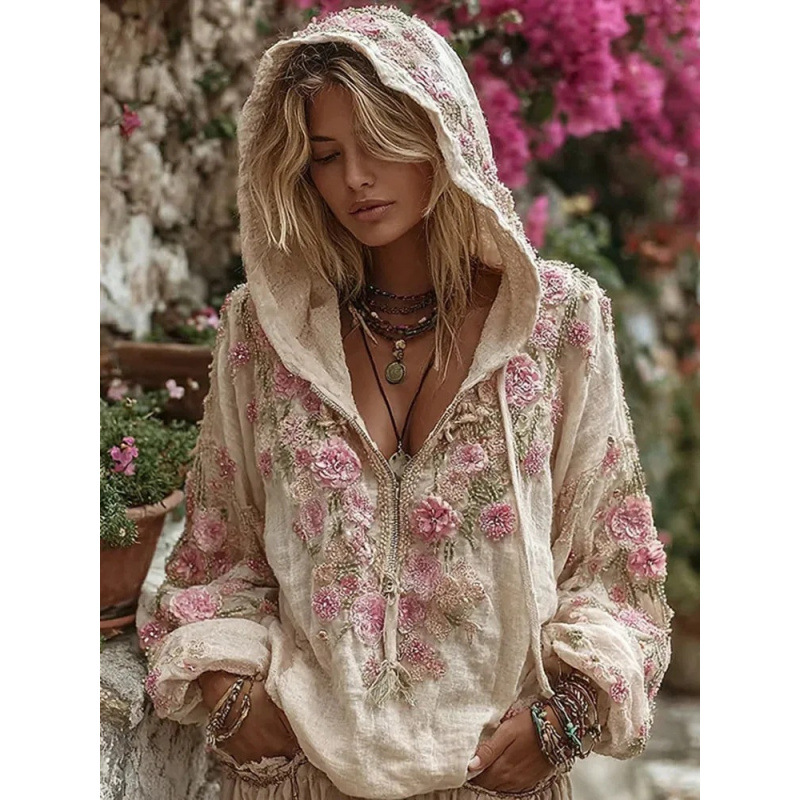 oded Zip Sweatshirt, Cherry Blossom Art Print Loose Four-Season Floral Top