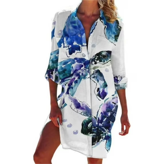 Women's Printed Vacation Beach Shirt, Bikini Cover Up, Swimsuit Cardigan