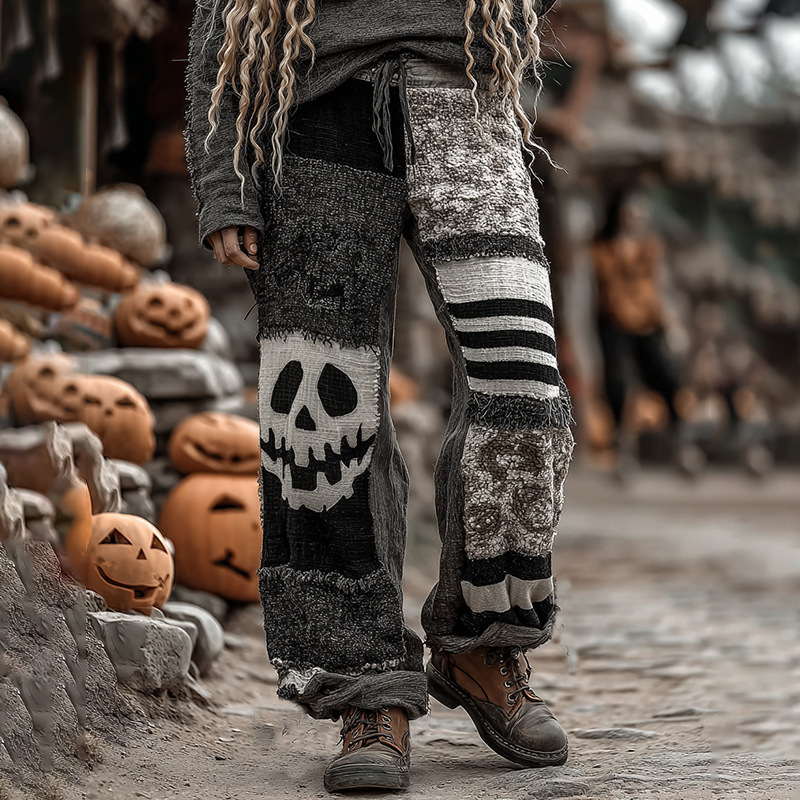 2026 American Halloween Cotton Linen Wide Leg Pants, Summer New Loose Versatile Cuffed Casual Trousers