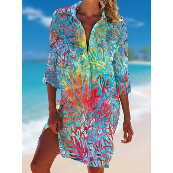Women's Printed Vacation Beach Shirt, Bikini Cover Up, Swimsuit Cardigan