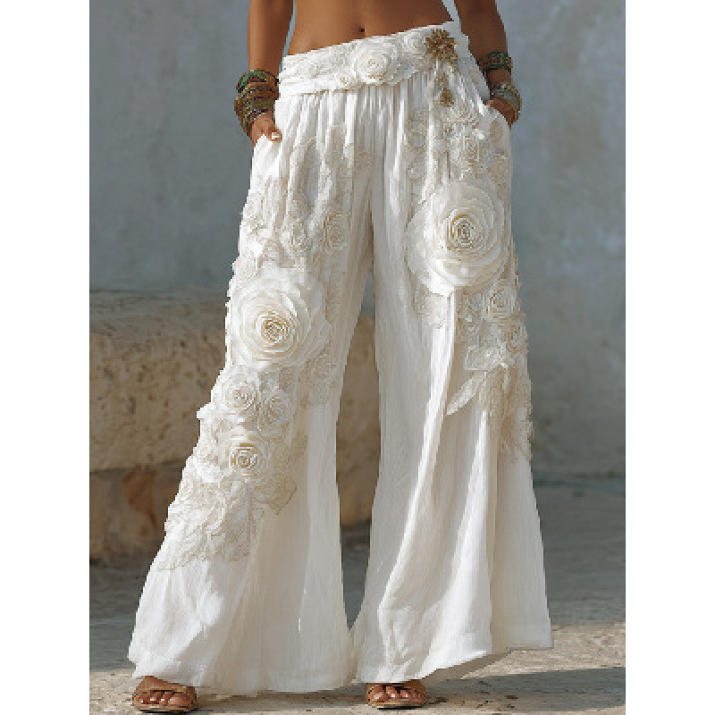 2026 American Halloween Cotton Linen Wide Leg Pants, Summer New Loose Versatile Cuffed Casual Trousers