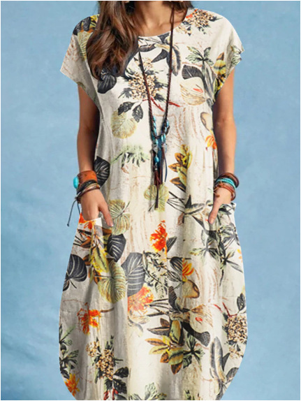 Women's Cotton Linen Floral Print Round Neck Pocket Irregular Hem Midi Dress