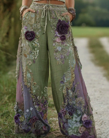2026 American Halloween Cotton Linen Wide Leg Pants, Summer New Loose Versatile Cuffed Casual Trousers