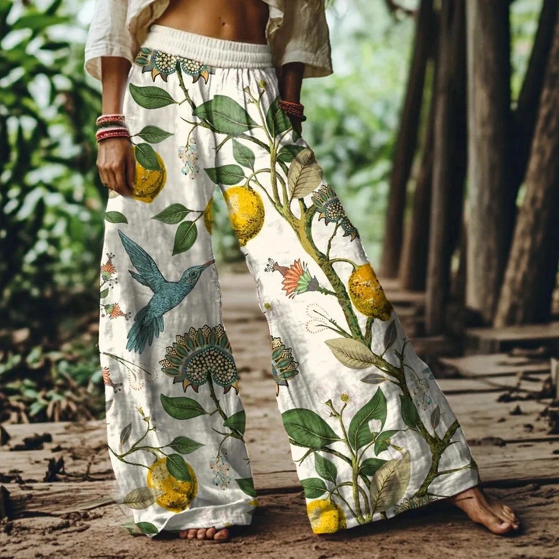 Bohemian Floral Wide Leg Pants, Draped Printed Trousers, Vacation Style Loose Straight Casual Pants
