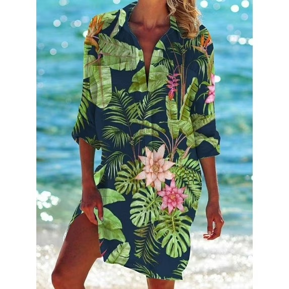 Women's Printed Vacation Beach Shirt, Bikini Cover Up, Swimsuit Cardigan