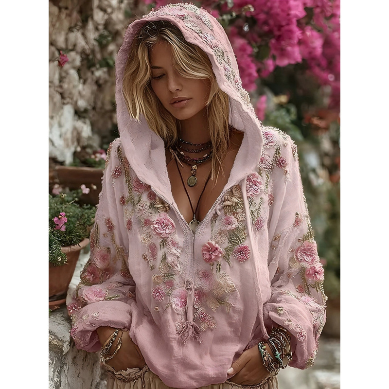 oded Zip Sweatshirt, Cherry Blossom Art Print Loose Four-Season Floral Top