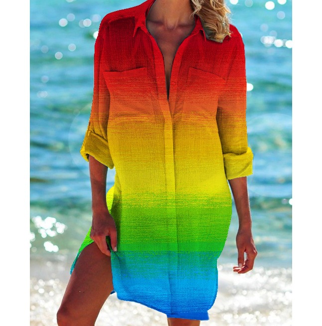 Women's Printed Vacation Beach Shirt, Bikini Cover Up, Swimsuit Cardigan