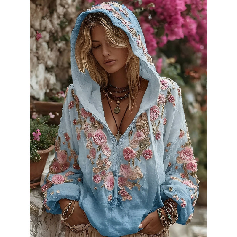 oded Zip Sweatshirt, Cherry Blossom Art Print Loose Four-Season Floral Top