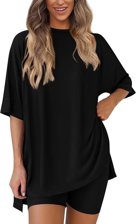 PRETTYGARDEN Women's Two Piece Lounge Set Summer Casual Oversized Shirts Biker Shorts Matching Airport Travel Outfit