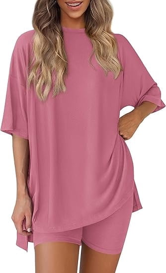 PRETTYGARDEN Women's Two Piece Lounge Set Summer Casual Oversized Shirts Biker Shorts Matching Airport Travel Outfit