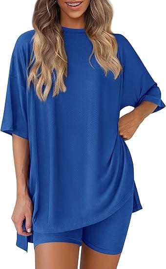 PRETTYGARDEN Women's Two Piece Lounge Set Summer Casual Oversized Shirts Biker Shorts Matching Airport Travel Outfit