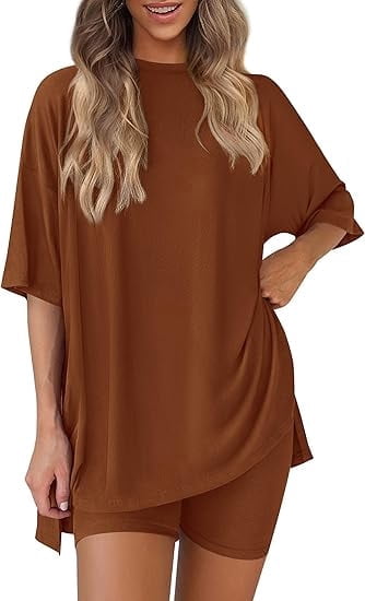 PRETTYGARDEN Women's Two Piece Lounge Set Summer Casual Oversized Shirts Biker Shorts Matching Airport Travel Outfit