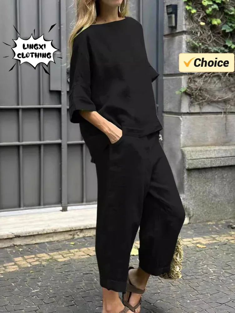 Summer Fashion Matching Series Round Neck Cotton Linen Top High Waist Wide Leg Long Pants Set Plus Size Women's Wear