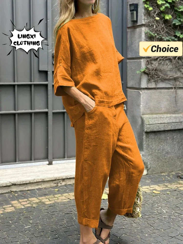 Summer Fashion Matching Series Round Neck Cotton Linen Top High Waist Wide Leg Long Pants Set Plus Size Women's Wear