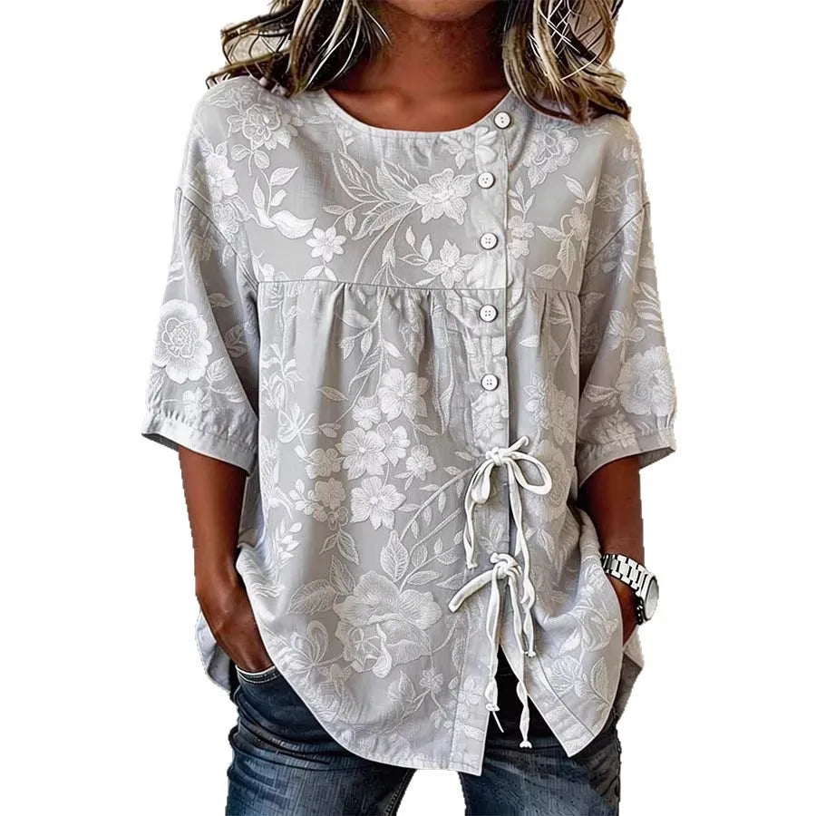 Vintage Floral Embroidered Relaxed Fit Blouse for Women, Side Button Short Sleeve Top With Adjustable Drawstring Hem & Hand Pockets