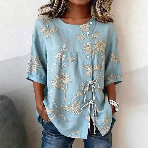 Vintage Floral Embroidered Relaxed Fit Blouse for Women, Side Button Short Sleeve Top With Adjustable Drawstring Hem & Hand Pockets