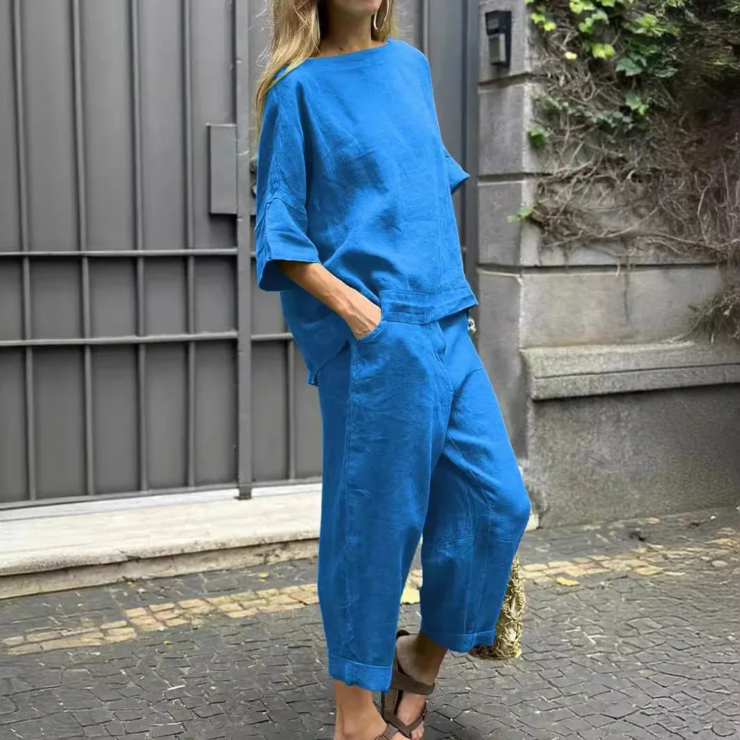 Summer Fashion Matching Series Round Neck Cotton Linen Top High Waist Wide Leg Long Pants Set Plus Size Women's Wear