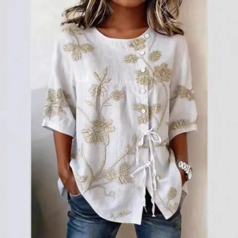 Vintage Floral Embroidered Relaxed Fit Blouse for Women, Side Button Short Sleeve Top With Adjustable Drawstring Hem & Hand Pockets