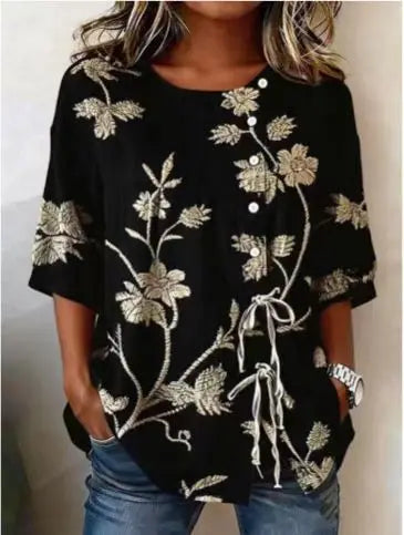 Vintage Floral Embroidered Relaxed Fit Blouse for Women, Side Button Short Sleeve Top With Adjustable Drawstring Hem & Hand Pockets