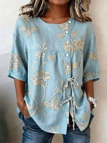Vintage Floral Embroidered Relaxed Fit Blouse for Women, Side Button Short Sleeve Top With Adjustable Drawstring Hem & Hand Pockets
