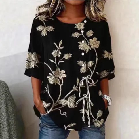 Vintage Floral Embroidered Relaxed Fit Blouse for Women, Side Button Short Sleeve Top With Adjustable Drawstring Hem & Hand Pockets