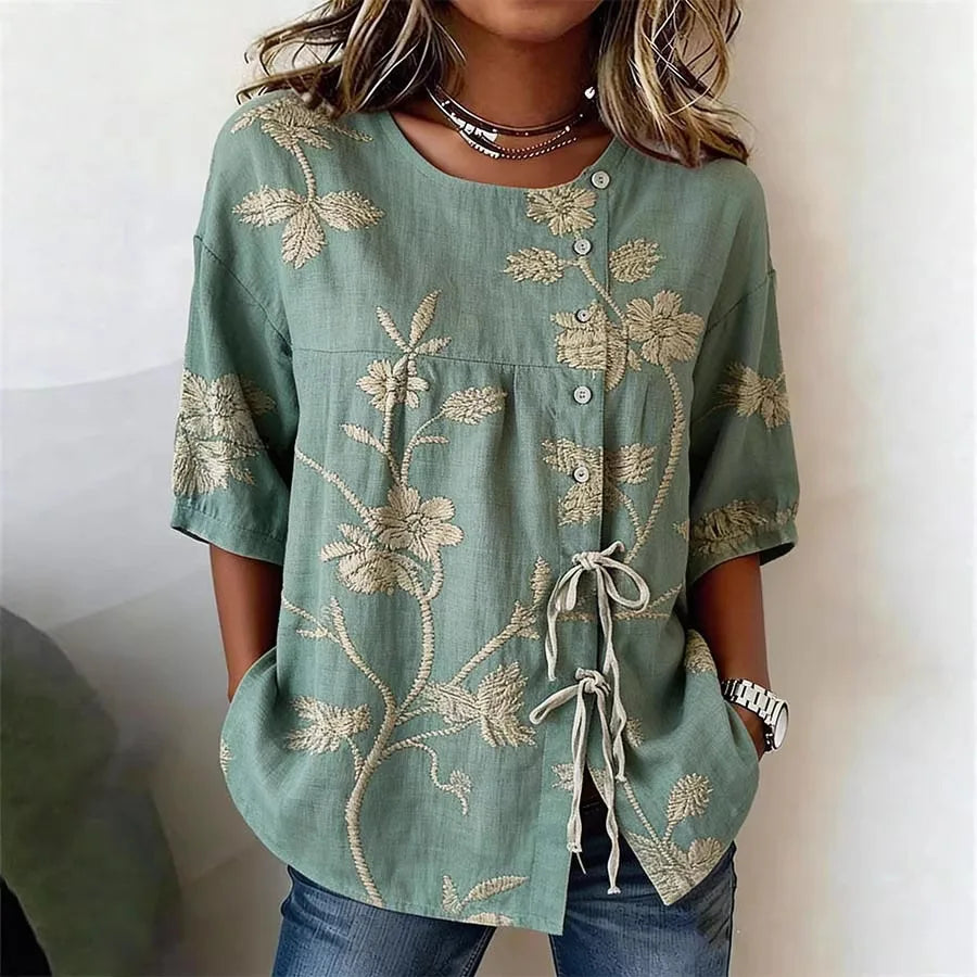 Vintage Floral Embroidered Relaxed Fit Blouse for Women, Side Button Short Sleeve Top With Adjustable Drawstring Hem & Hand Pockets