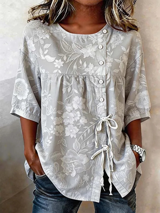 Vintage Floral Embroidered Relaxed Fit Blouse for Women, Side Button Short Sleeve Top With Adjustable Drawstring Hem & Hand Pockets