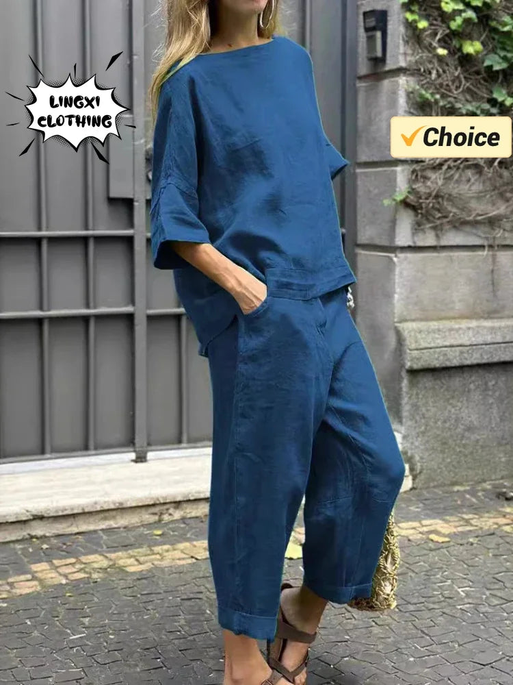 Summer Fashion Matching Series Round Neck Cotton Linen Top High Waist Wide Leg Long Pants Set Plus Size Women's Wear