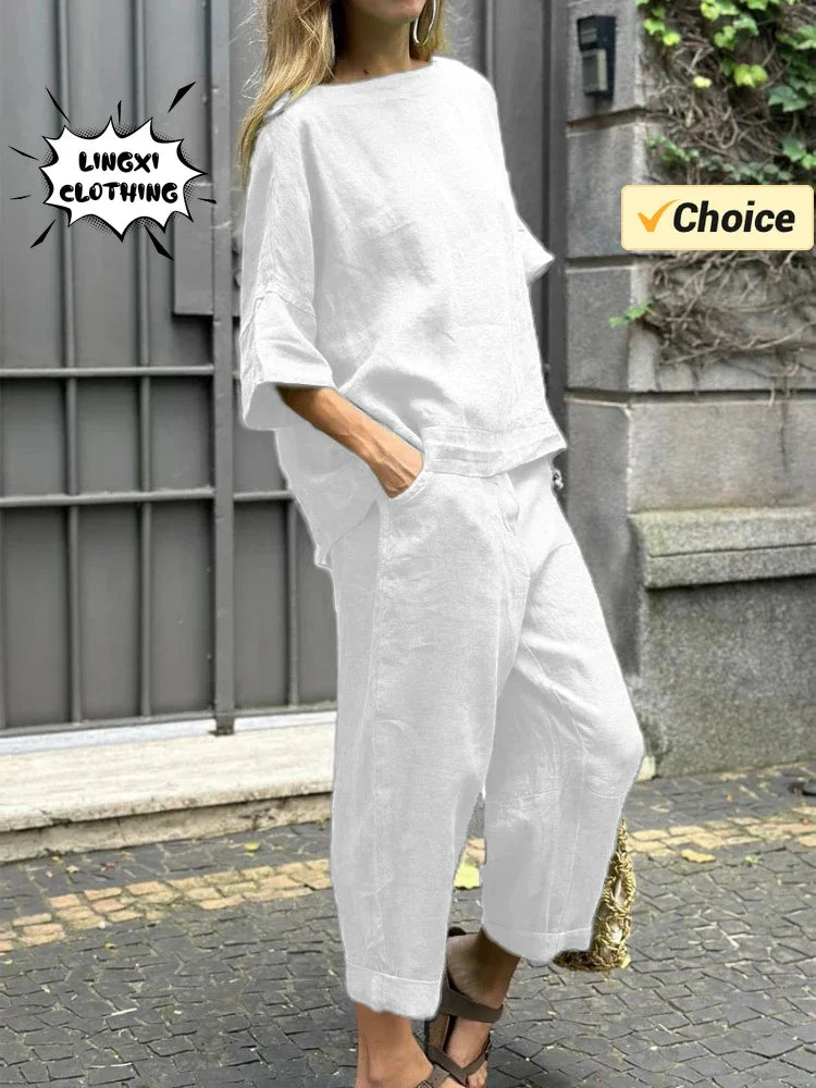 Summer Fashion Matching Series Round Neck Cotton Linen Top High Waist Wide Leg Long Pants Set Plus Size Women's Wear