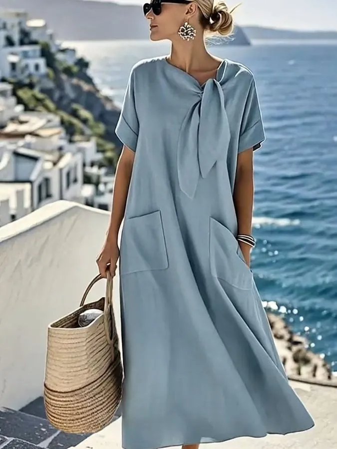 Women'S Solid Color Loose Cotton And Linen Pocket Dress