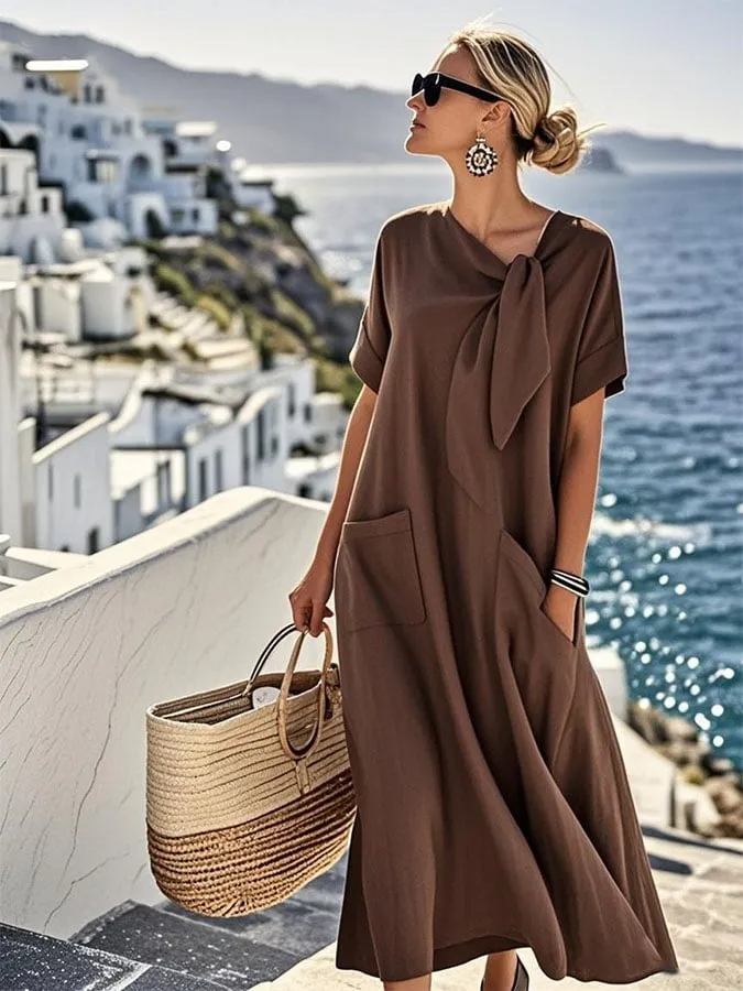 Women'S Solid Color Loose Cotton And Linen Pocket Dress