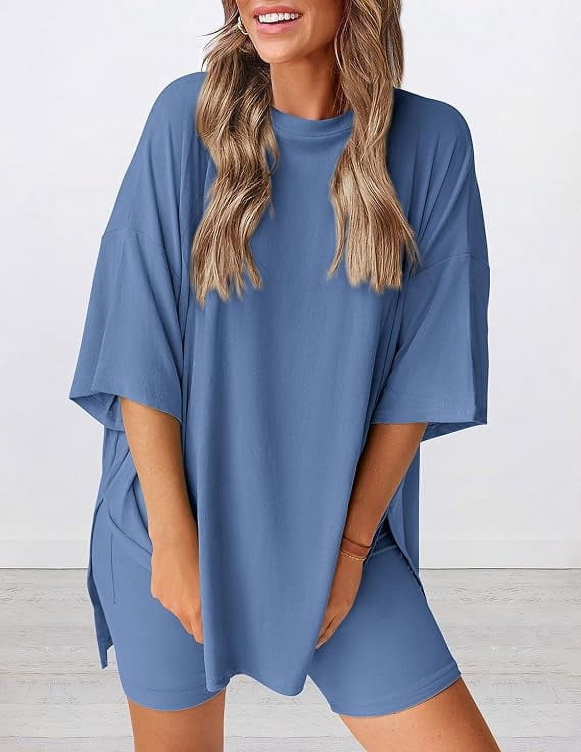 PRETTYGARDEN Women's Two Piece Lounge Set Summer Casual Oversized Shirts Biker Shorts Matching Airport Travel Outfit