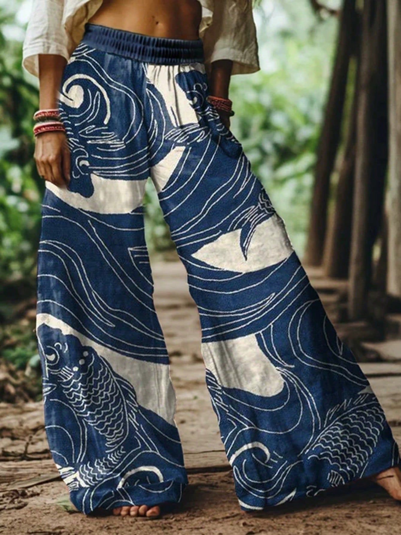 Bohemian Floral Wide Leg Pants, Draped Printed Trousers, Vacation Style Loose Straight Casual Pants