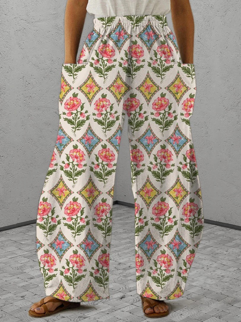 Women's Casual Wide Leg Trousers, Thin Loose Pants With Retro Floral 3D Print