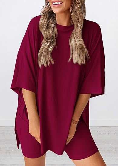 PRETTYGARDEN Women's Two Piece Lounge Set Summer Casual Oversized Shirts Biker Shorts Matching Airport Travel Outfit