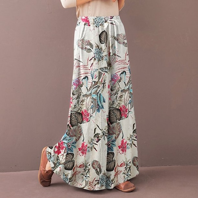 Women's Normal Culottes Wide Leg Wide Leg Pants Trousers Baggy Pants Fashion Full Length Mid Waist Flower / Floral Side Pockets Baggy High Cut Comfort Inelastic Casual Weekend Yellow Red Deep Blue