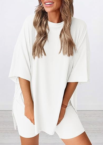 PRETTYGARDEN Women's Two Piece Lounge Set Summer Casual Oversized Shirts Biker Shorts Matching Airport Travel Outfit
