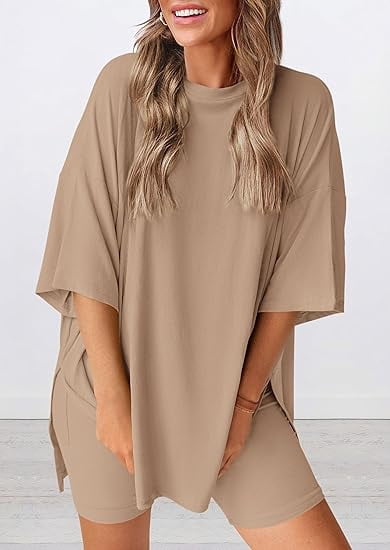 PRETTYGARDEN Women's Two Piece Lounge Set Summer Casual Oversized Shirts Biker Shorts Matching Airport Travel Outfit