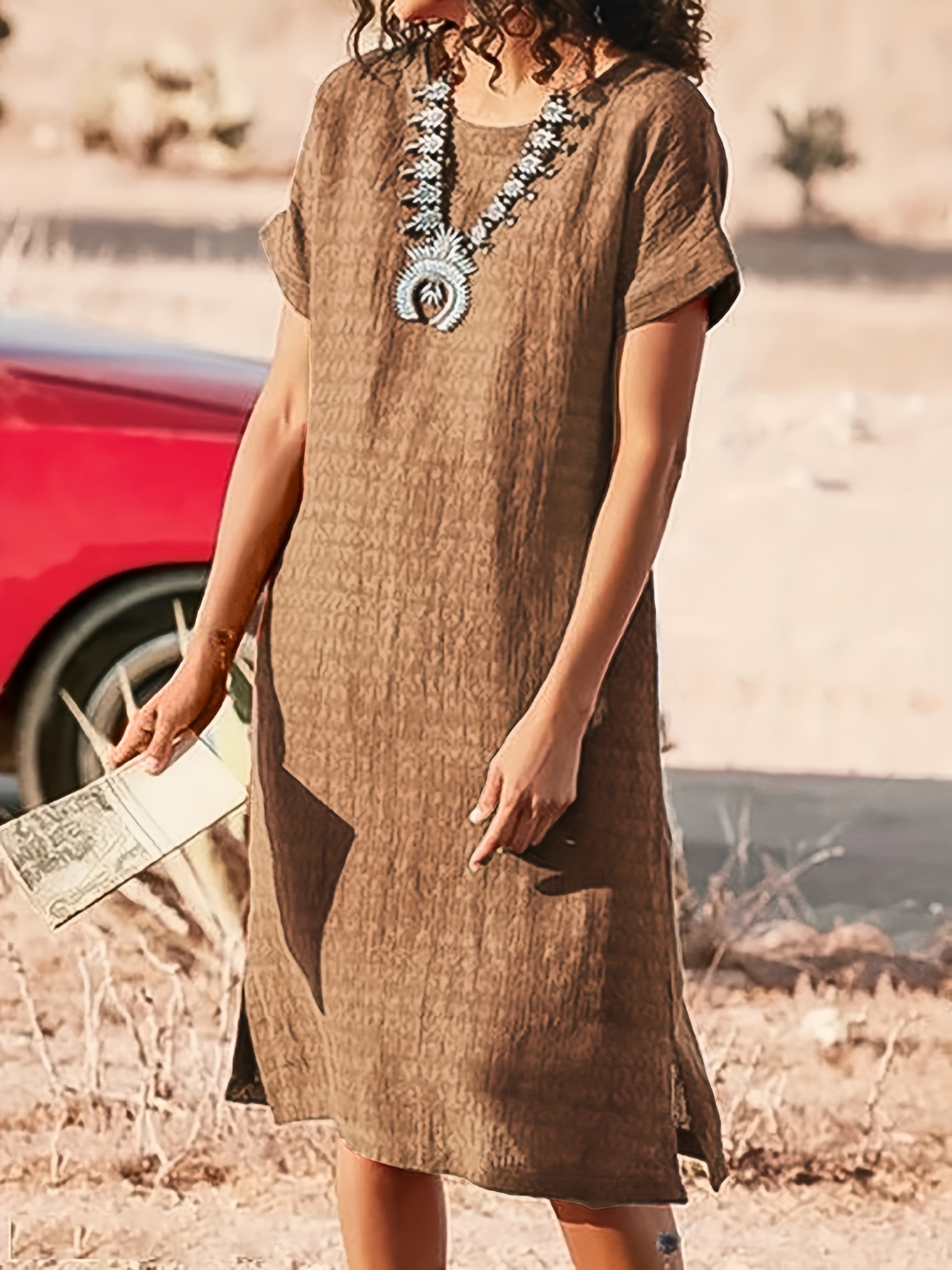 Women's Short Sleeve Casual Dress, Round Neck Side Slit Midi Dress