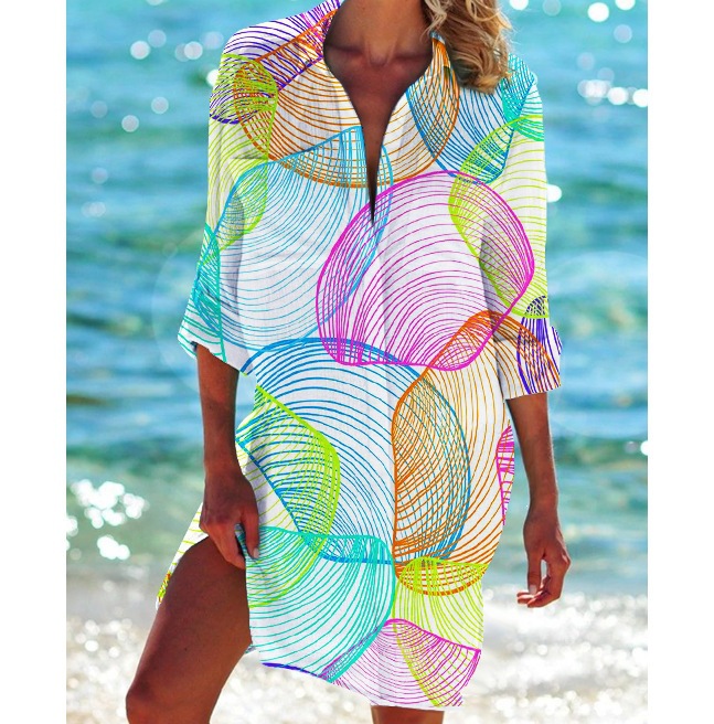 Women's Printed Vacation Beach Shirt, Bikini Cover Up, Swimsuit Cardigan