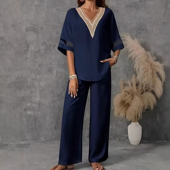 SheRoar V-Neck Embroidered Top & Wide-Leg Pants Set