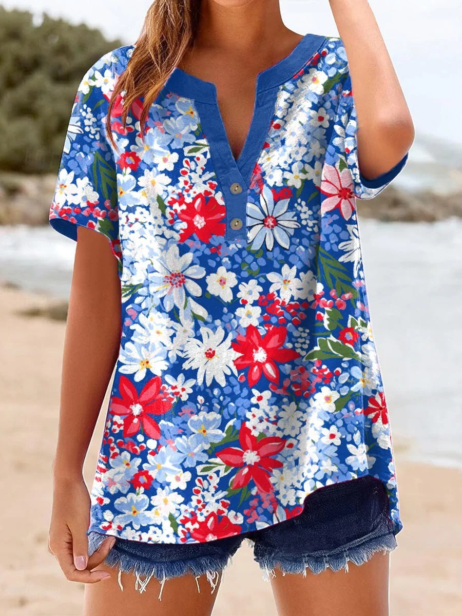 2026 Casual Short-Sleeved Women'S Summer Printed V-Neck Pullover 25-Year European And American Cross-Border New Style